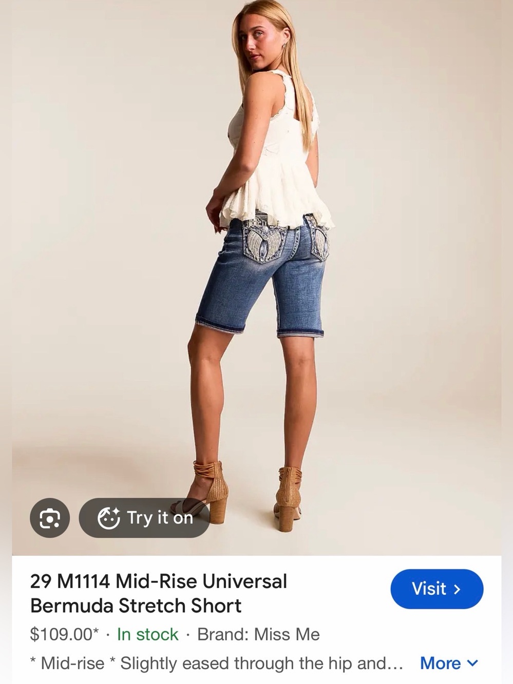 Miss Me Distressed Blue Denim Studded Bermuda Shorts 26